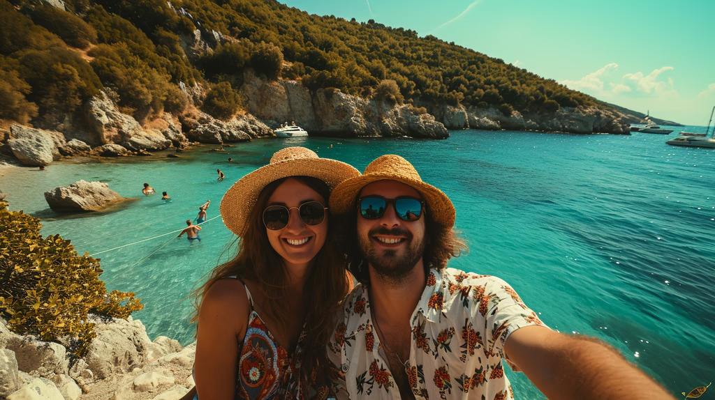 Smiling couple with hats at clear blue Mediterranean beach