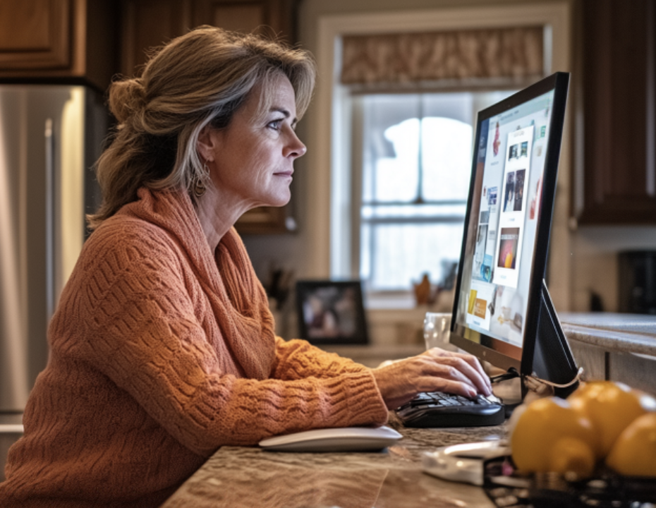 Woman in orange sweater working on desktop computer