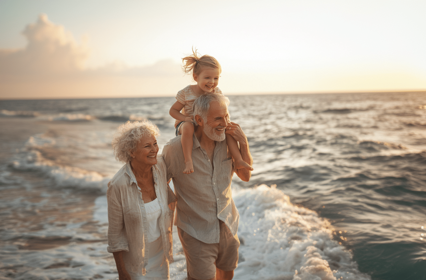 Elderly couple and child enjoying beach walk