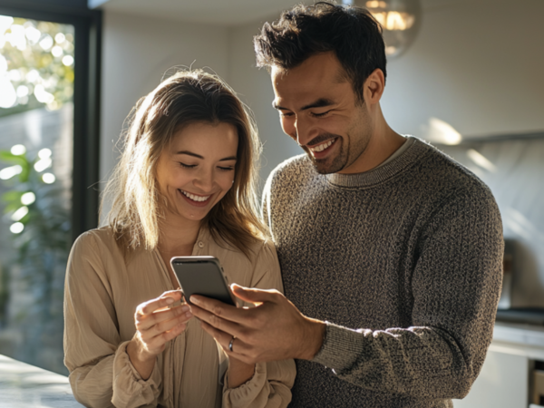 Couple smiling together looking at smartphone screen