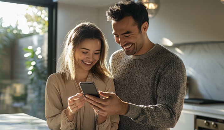 Couple smiling together looking at smartphone screen