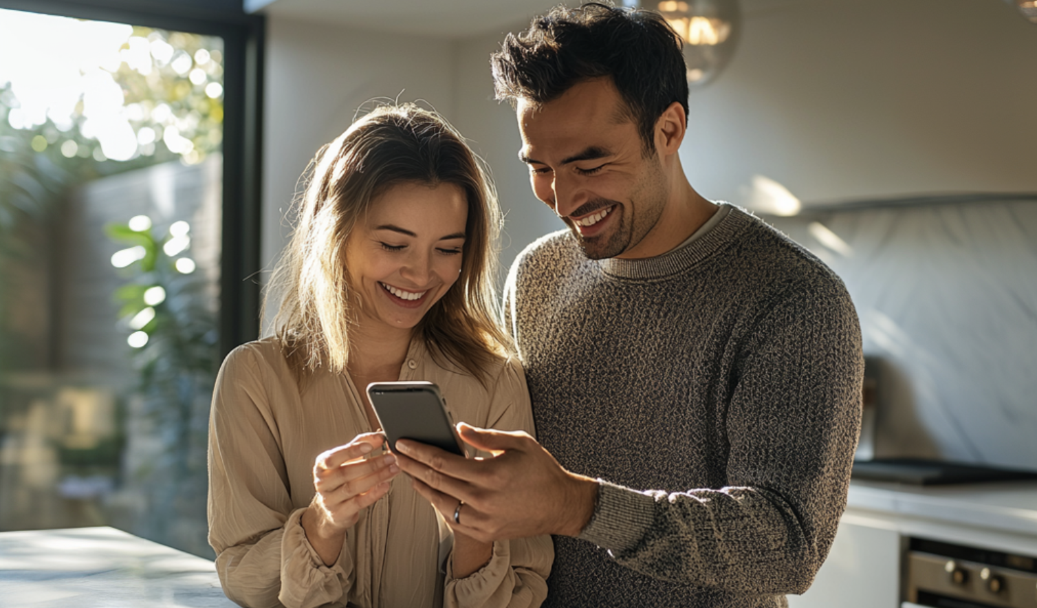 Couple smiling together looking at smartphone screen