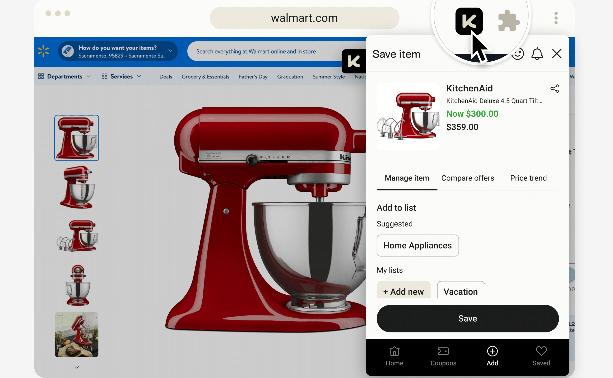 Red KitchenAid mixer displayed on Walmart website with save item popup