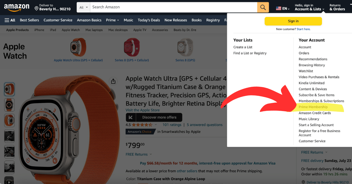 Amazon page showing Apple Watch Ultra and Prime Membership highlighted