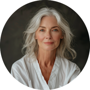 Mature woman with gray hair wearing white blouse
