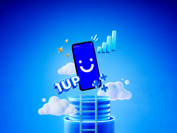 Smartphone with smiley and 1UP text floating above platform