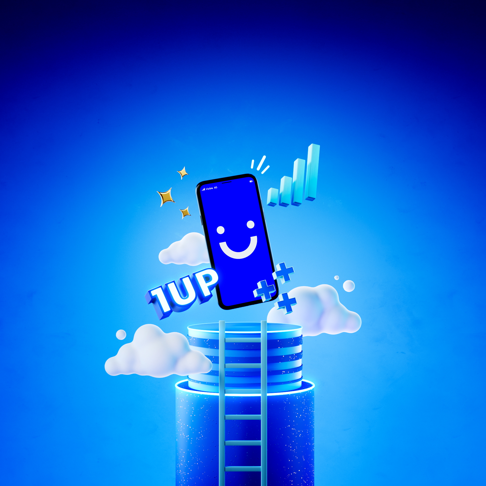 Smartphone with smiley and 1UP text floating above platform