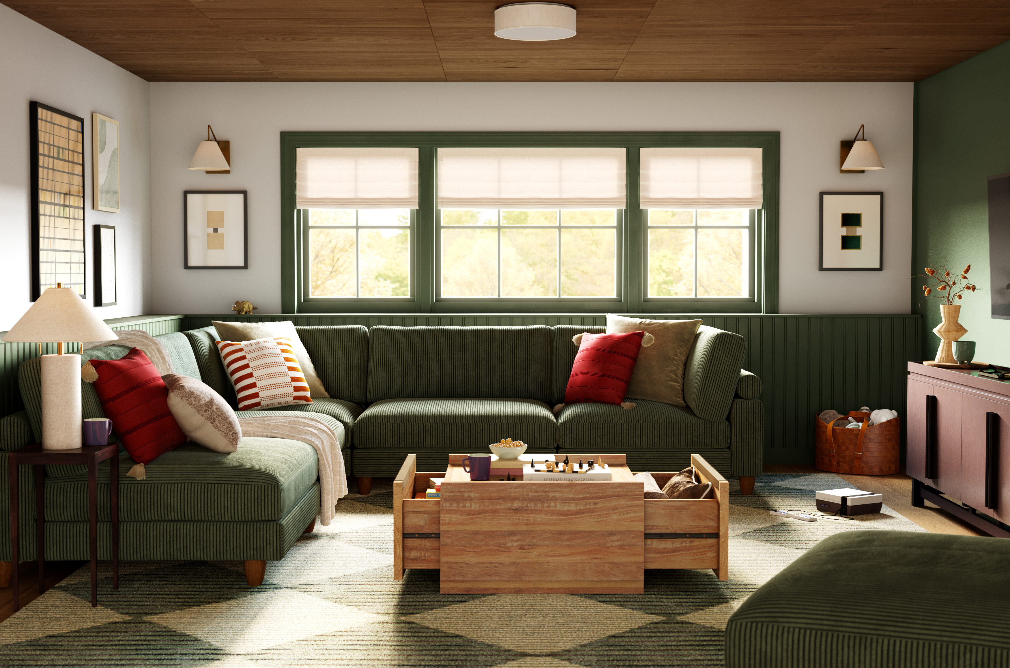 Cozy living room with green sectional and wooden coffee table
