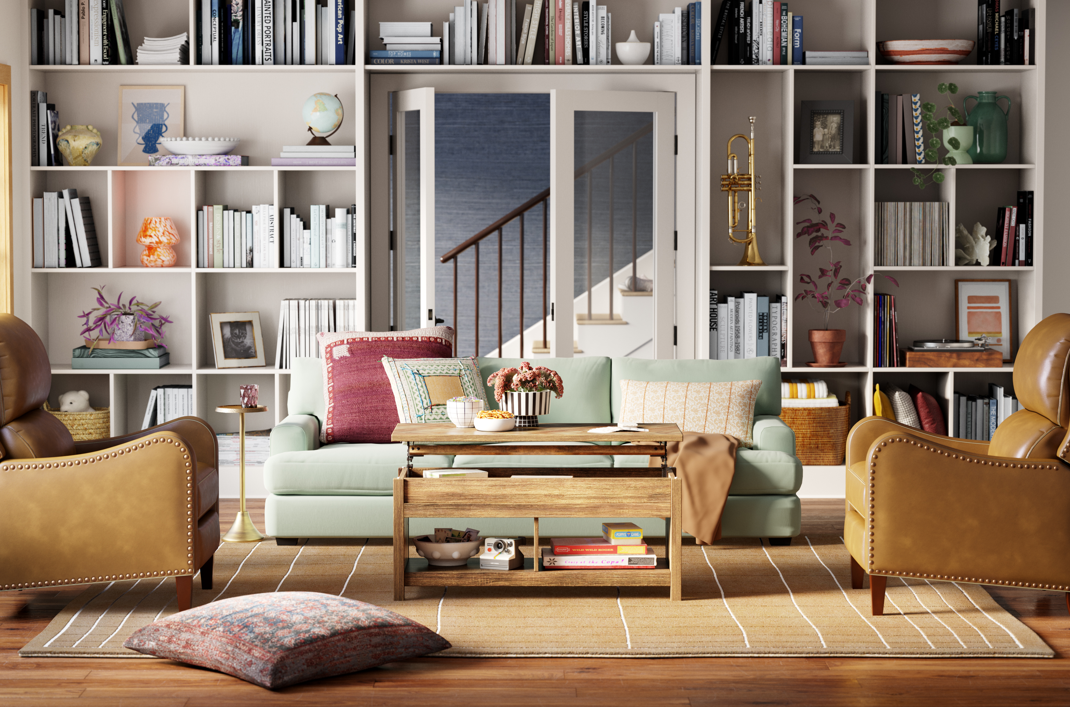 Cozy living room with mint green sofa, brown chairs, and bookshelf
