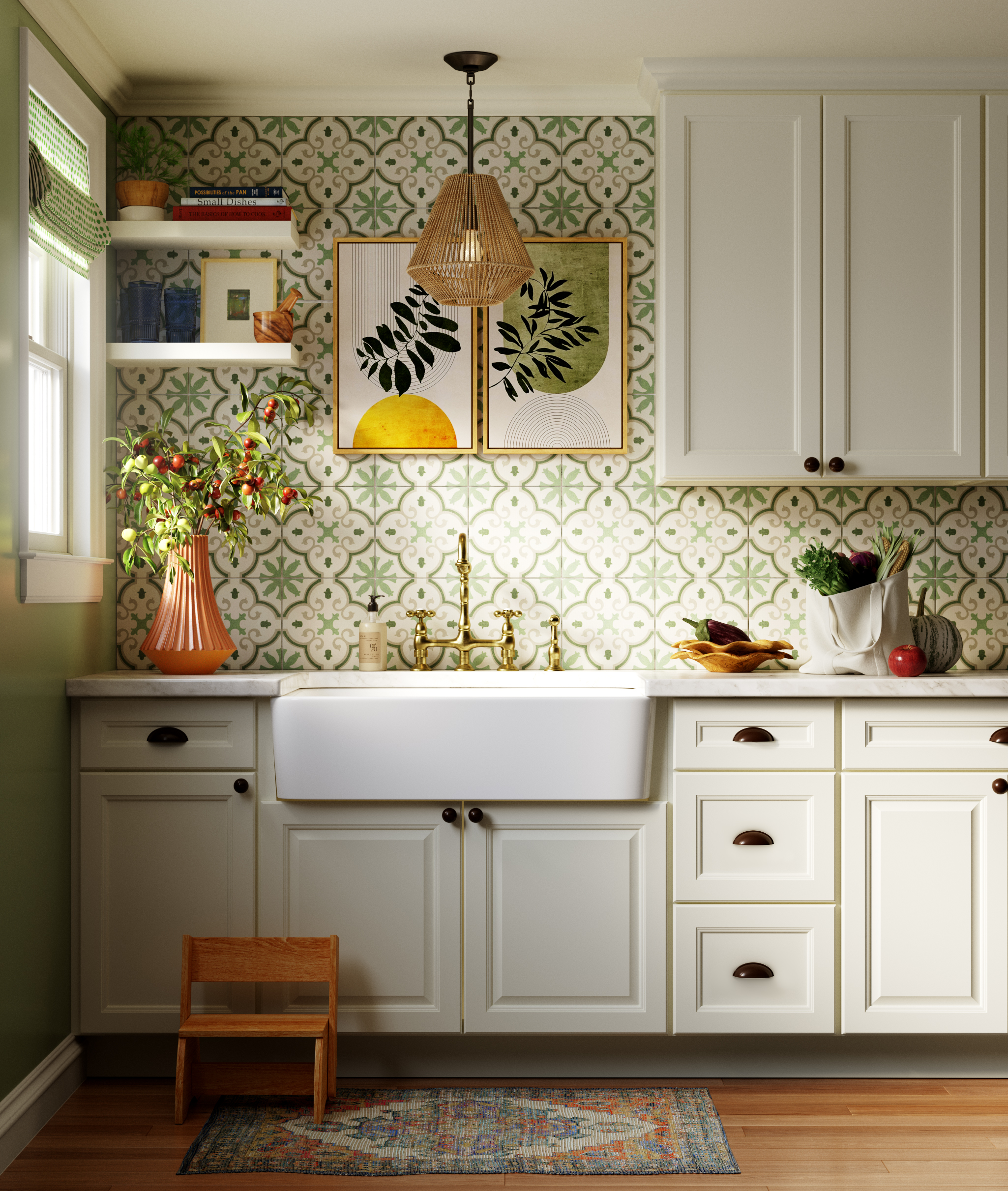 Cozy kitchen with patterned backsplash and farmhouse sink