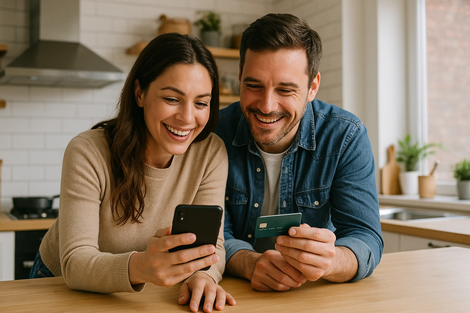 Happy couple shopping online with credit card