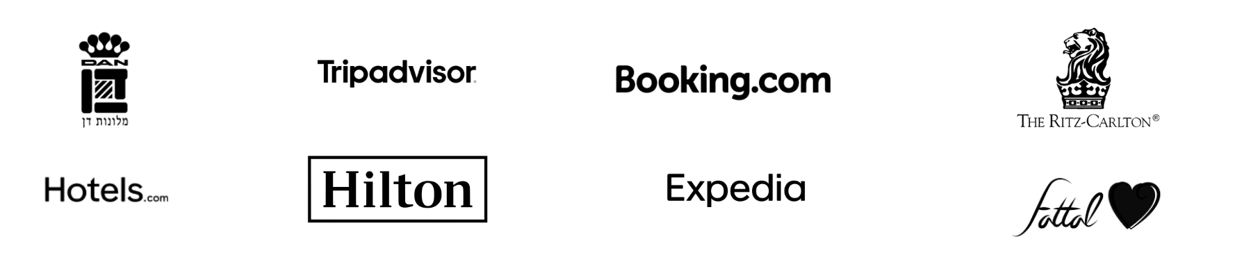 Logos of travel and hotel brands: Dan, Tripadvisor, Booking.com, Ritz-Carlton, Hotels.com, Hilton, Expedia, and Fattal.