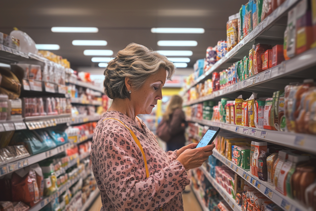 Woman shopping groceries looking at smartphone