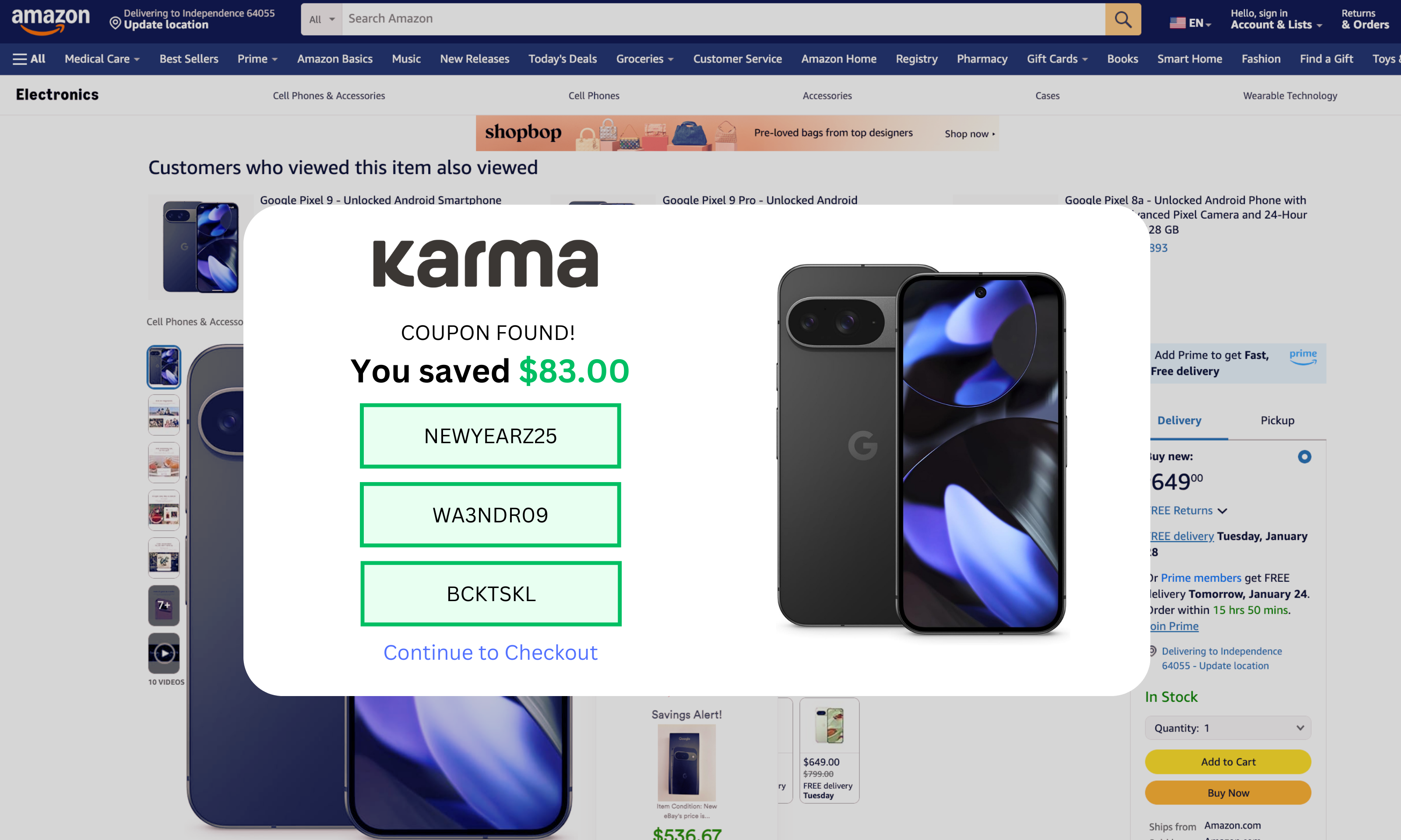 Karma coupon popup showing $83 savings on Google Pixel 9 smartphone