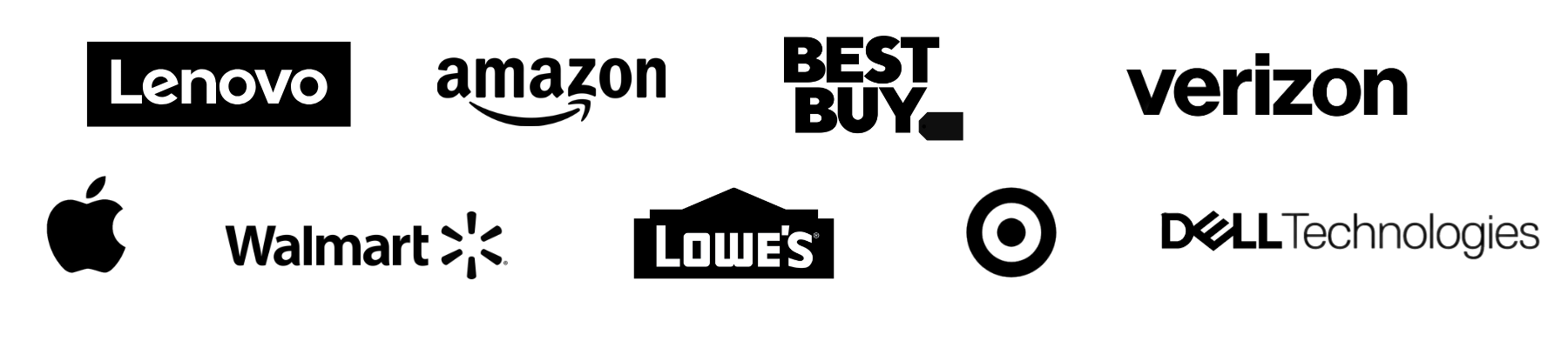 Logos of Lenovo, Amazon, Best Buy, Verizon, Apple, Walmart, Lowe's, Target, Dell Technologies