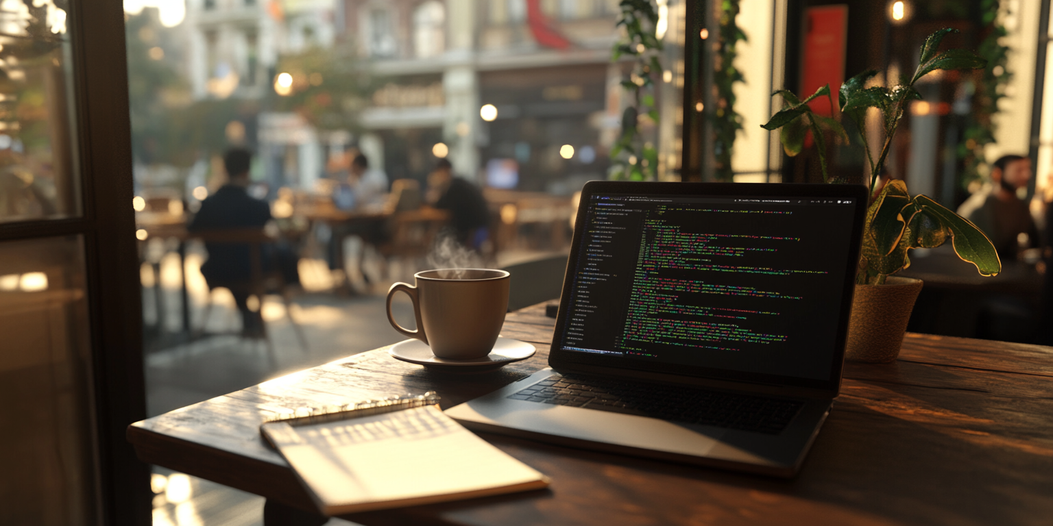 Laptop with code, steaming coffee, and notebook