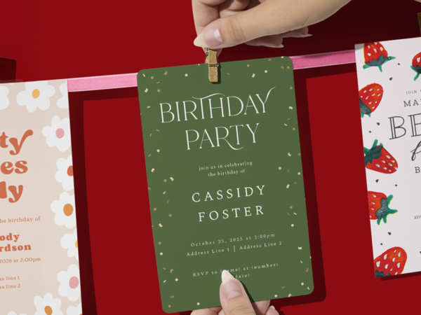 Hands holding green birthday party invitation