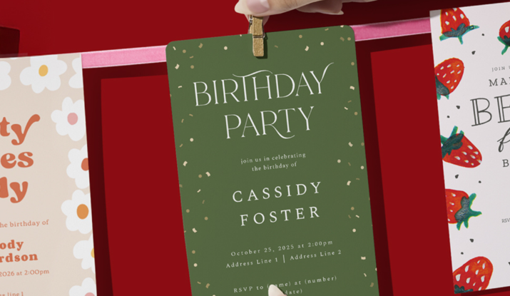 Hands holding green birthday party invitation