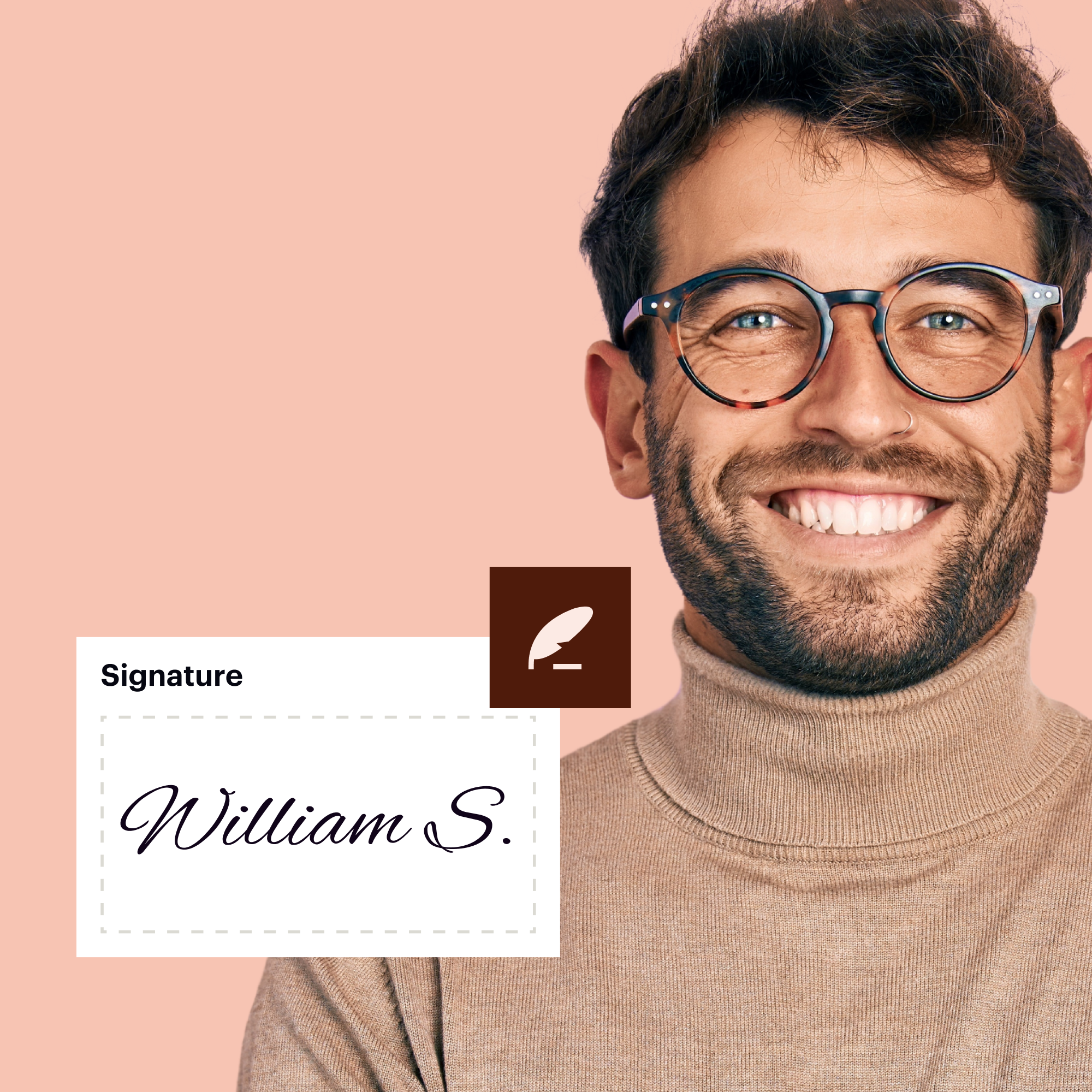 Smiling man wearing glasses and beige turtleneck