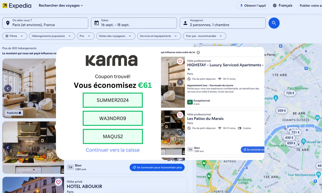 Website showing Paris apartment listings with discount coupon popup