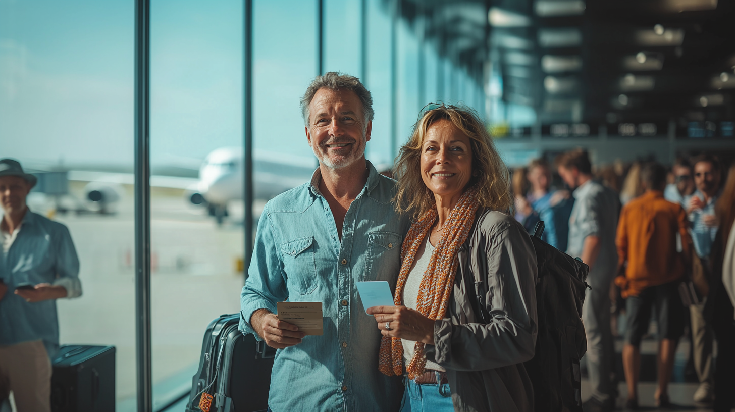 Smiling couple holding boarding passes in airport terminal