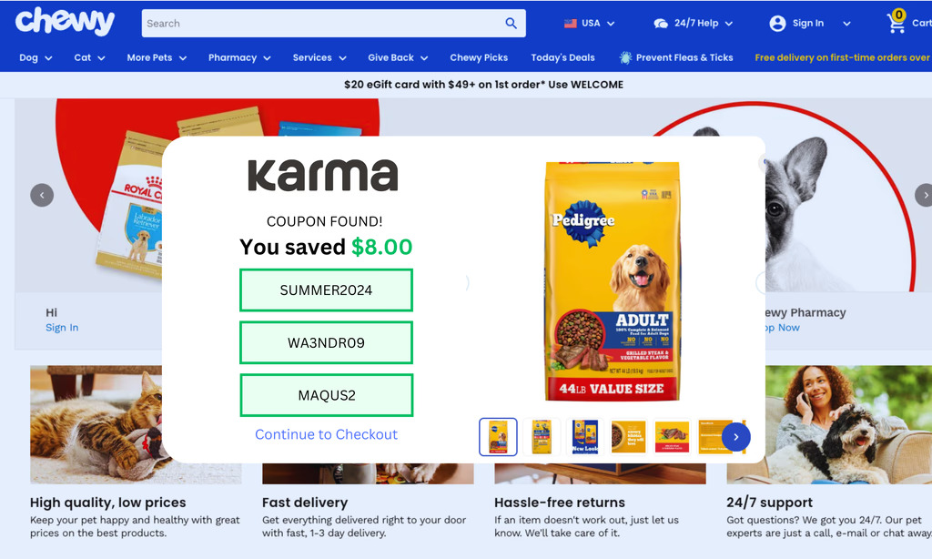 Chewy website showing $8 coupon savings and dog food bag