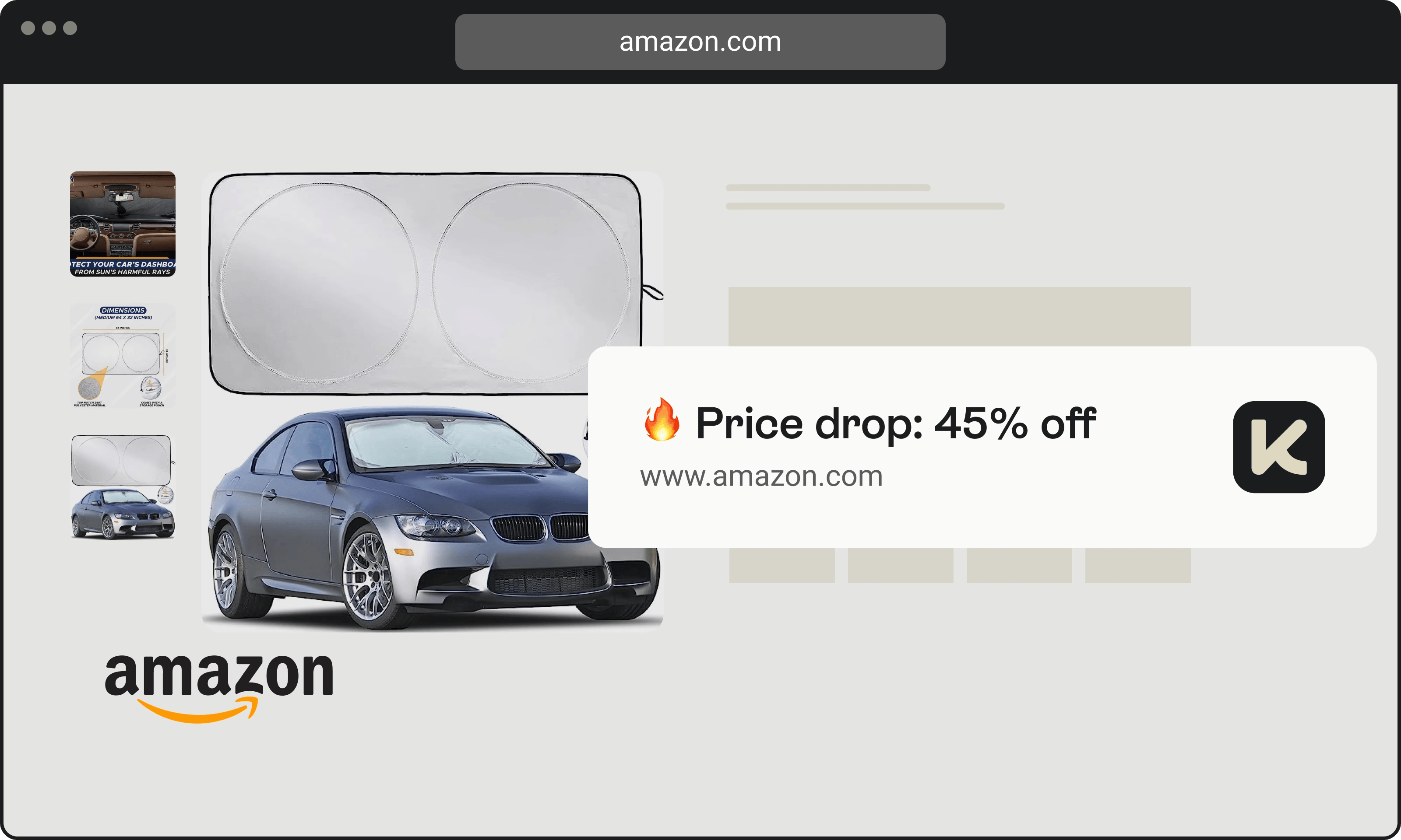 Car windshield sunshade with a silver car on Amazon