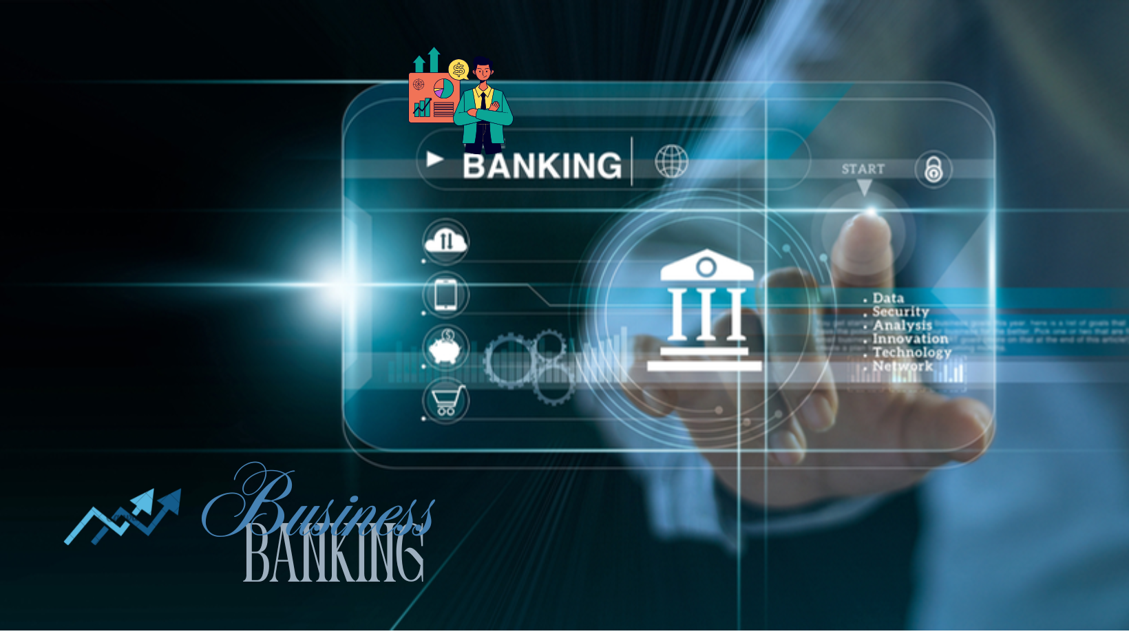 Hand interacting with futuristic digital banking interface