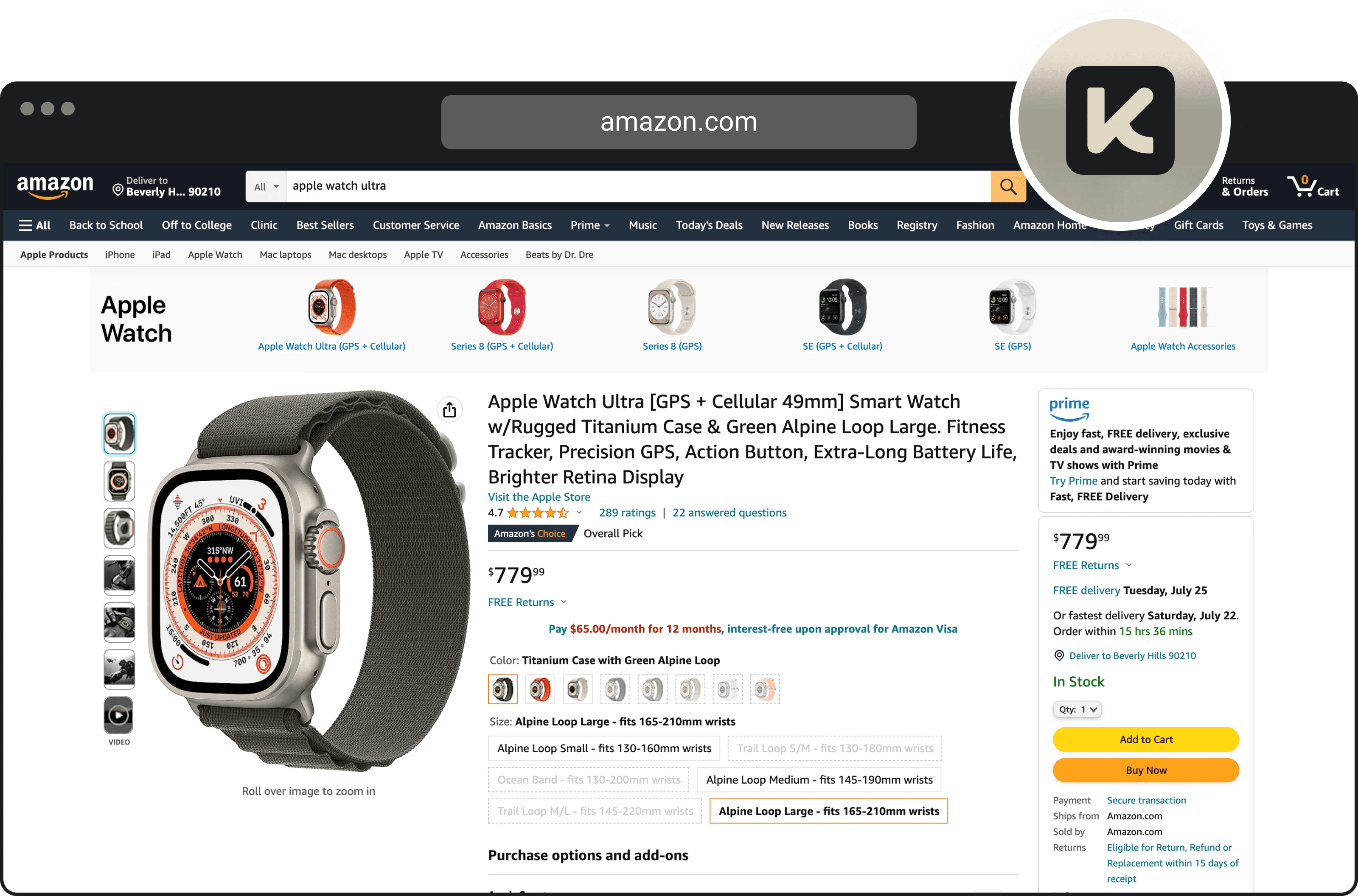 Amazon product page showing Apple Watch Ultra with green Alpine loop