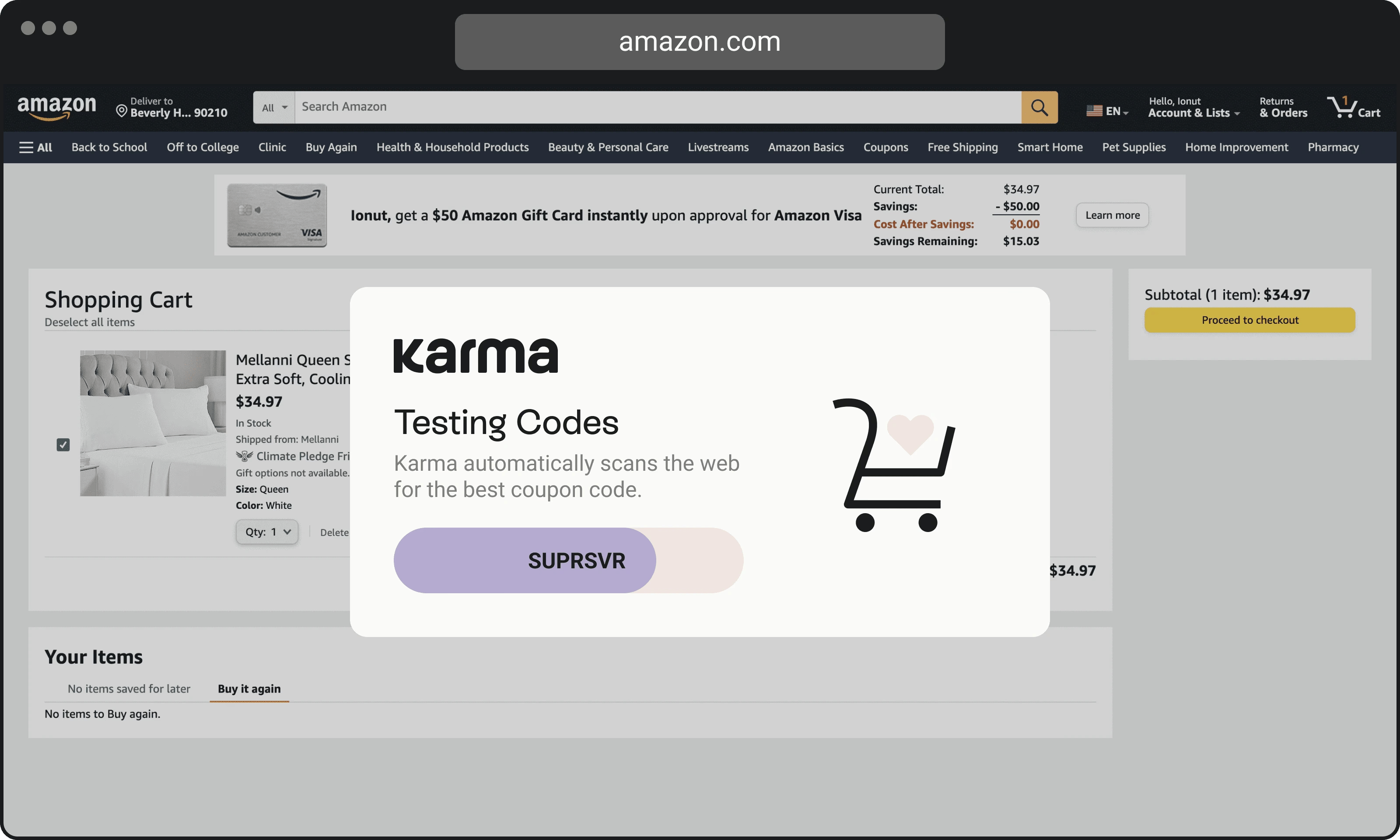 Amazon shopping cart with coupon code testing popup