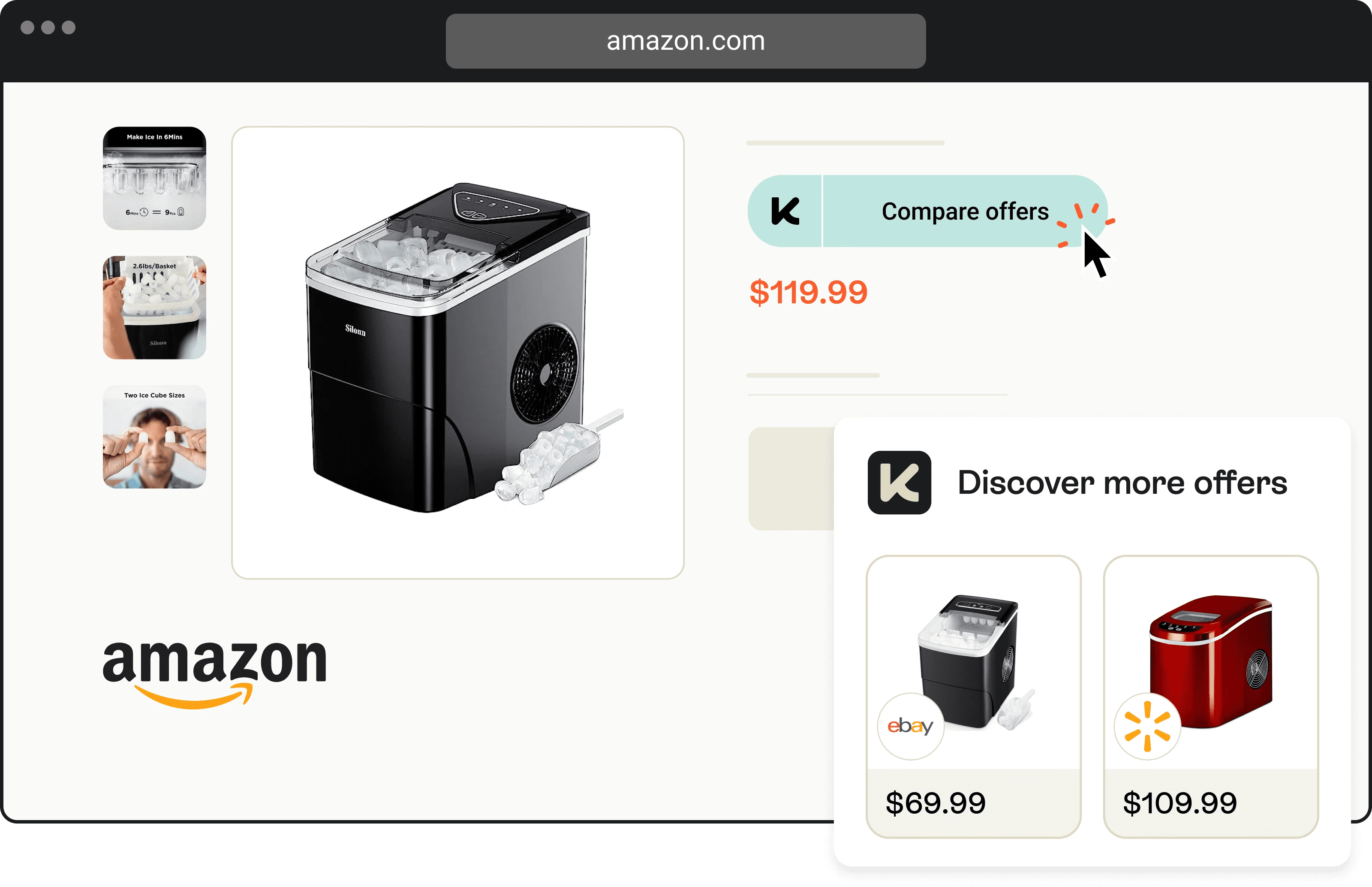 Black ice maker with scoop and ice on Amazon