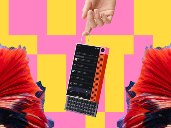 Hand holding colorful device with music playlist