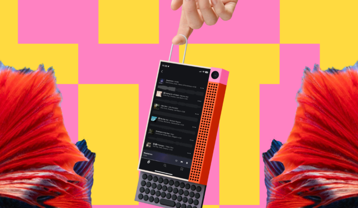 Hand holding colorful device with music playlist