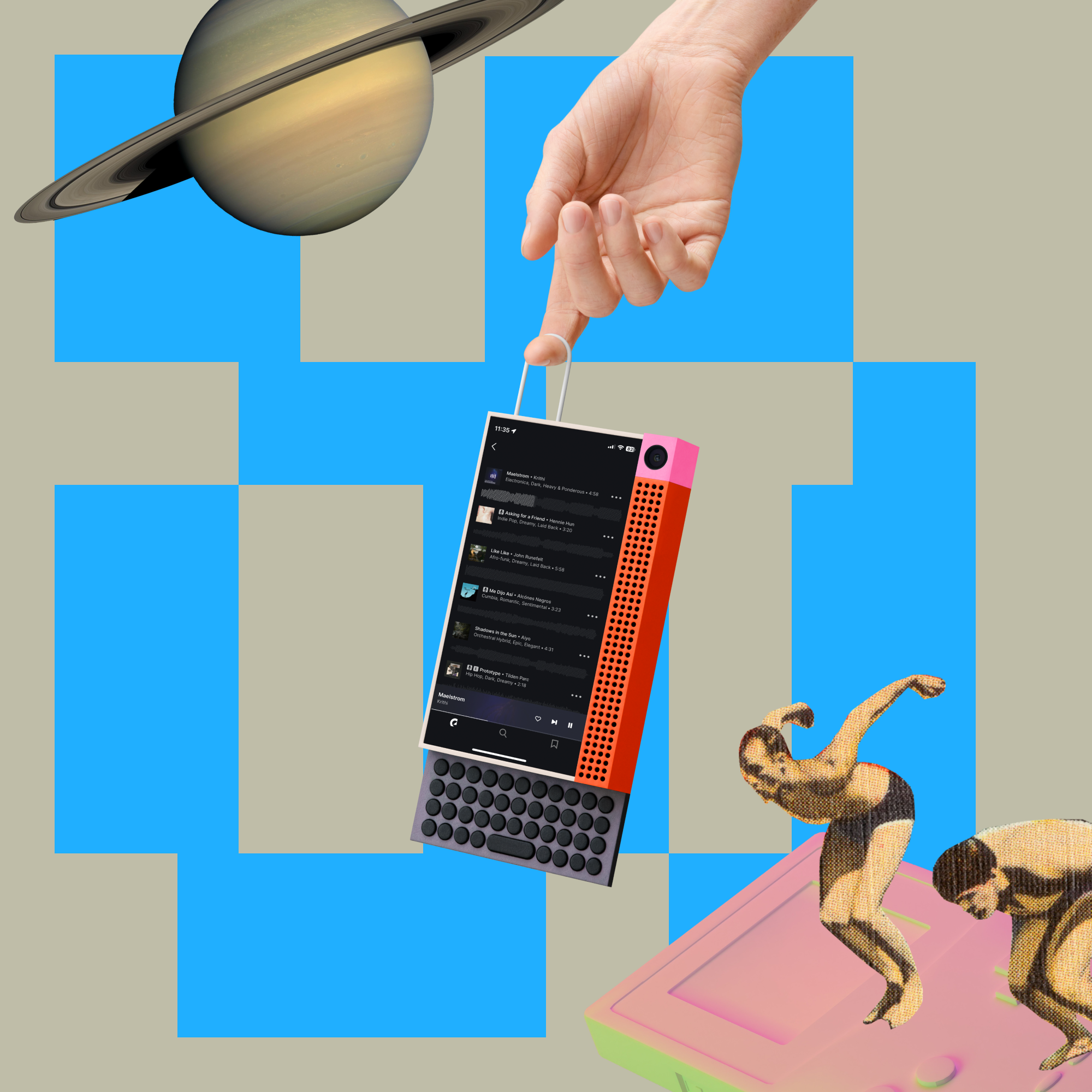 Hand holding futuristic device with Saturn and vintage divers