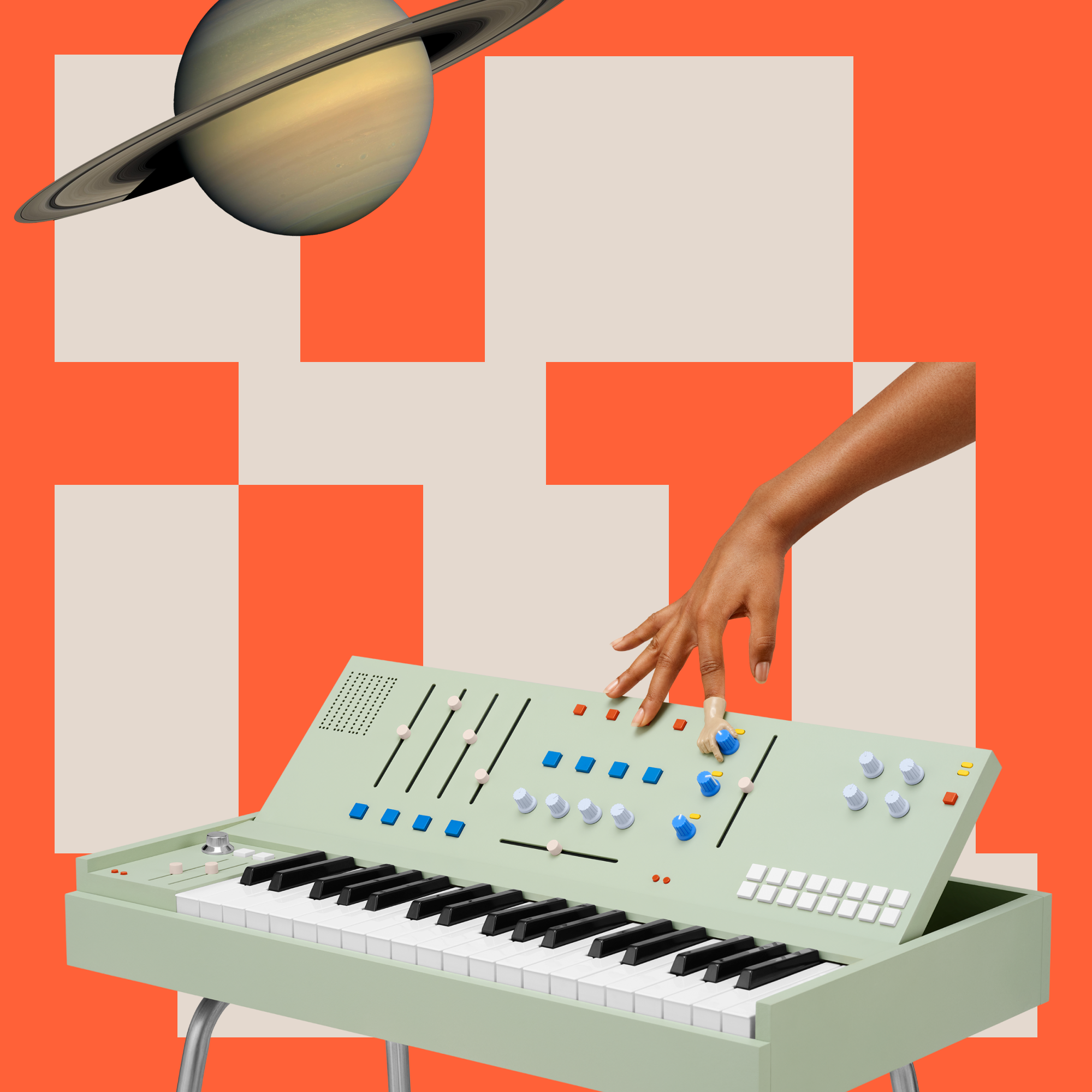 Hand adjusting synthesizer controls with Saturn in background