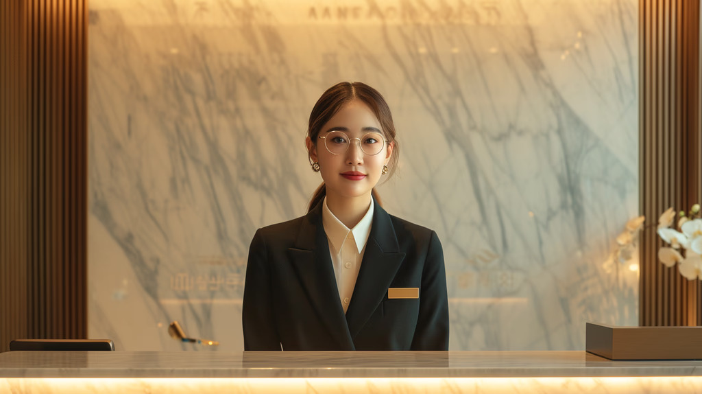 Receptionist in professional attire standing at desk
