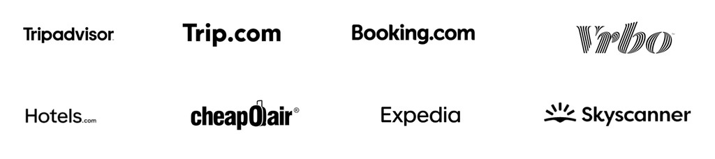 Logos of eight online travel booking websites and apps