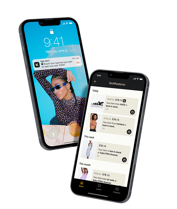 Two smartphones showing sale notifications and app interface