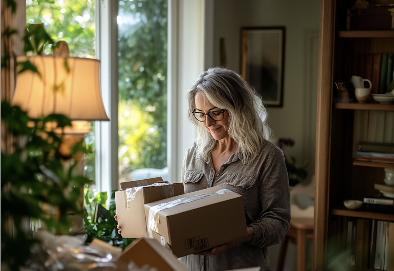 Woman holding multiple cardboard packages indoors