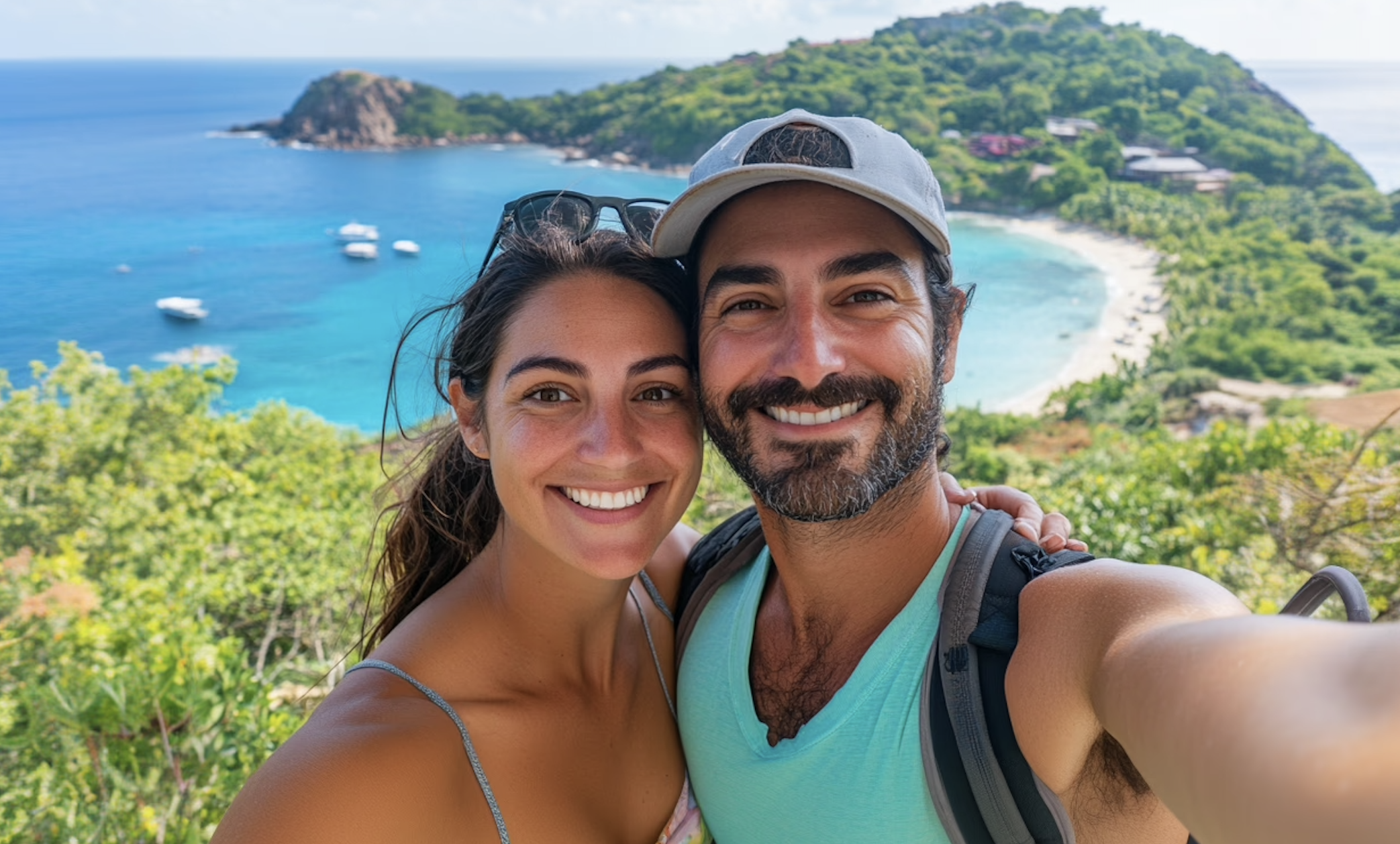 Couple smiling selfie with tropical island backdrop