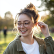 Smiling young woman with glasses outdoors