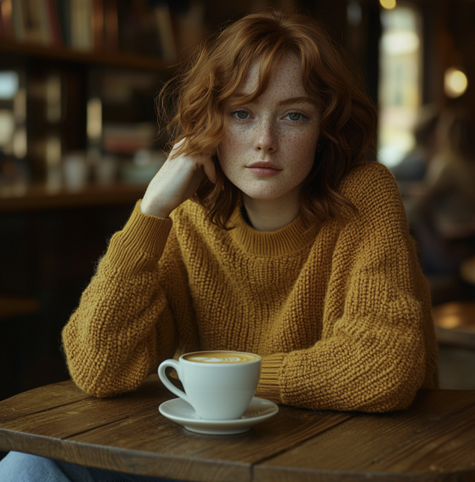 Woman with red hair in mustard sweater with coffee