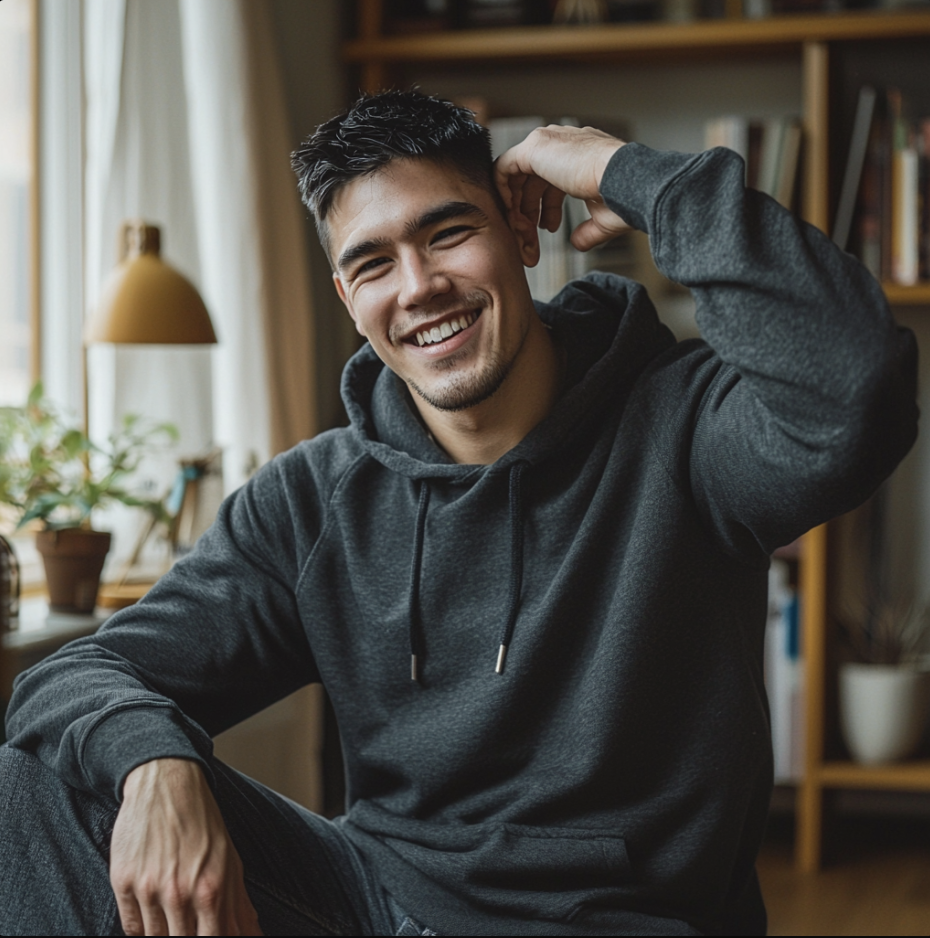 Smiling man in dark hoodie sitting indoors