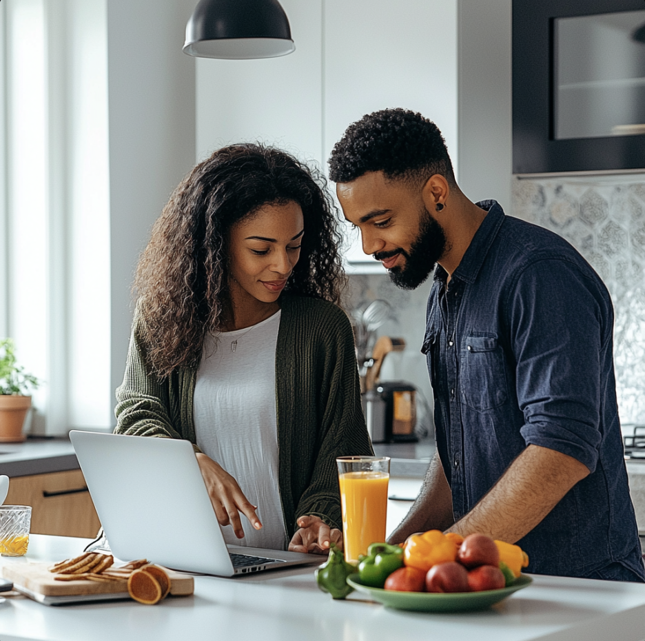 Couple looking at laptop in kitchen with juice