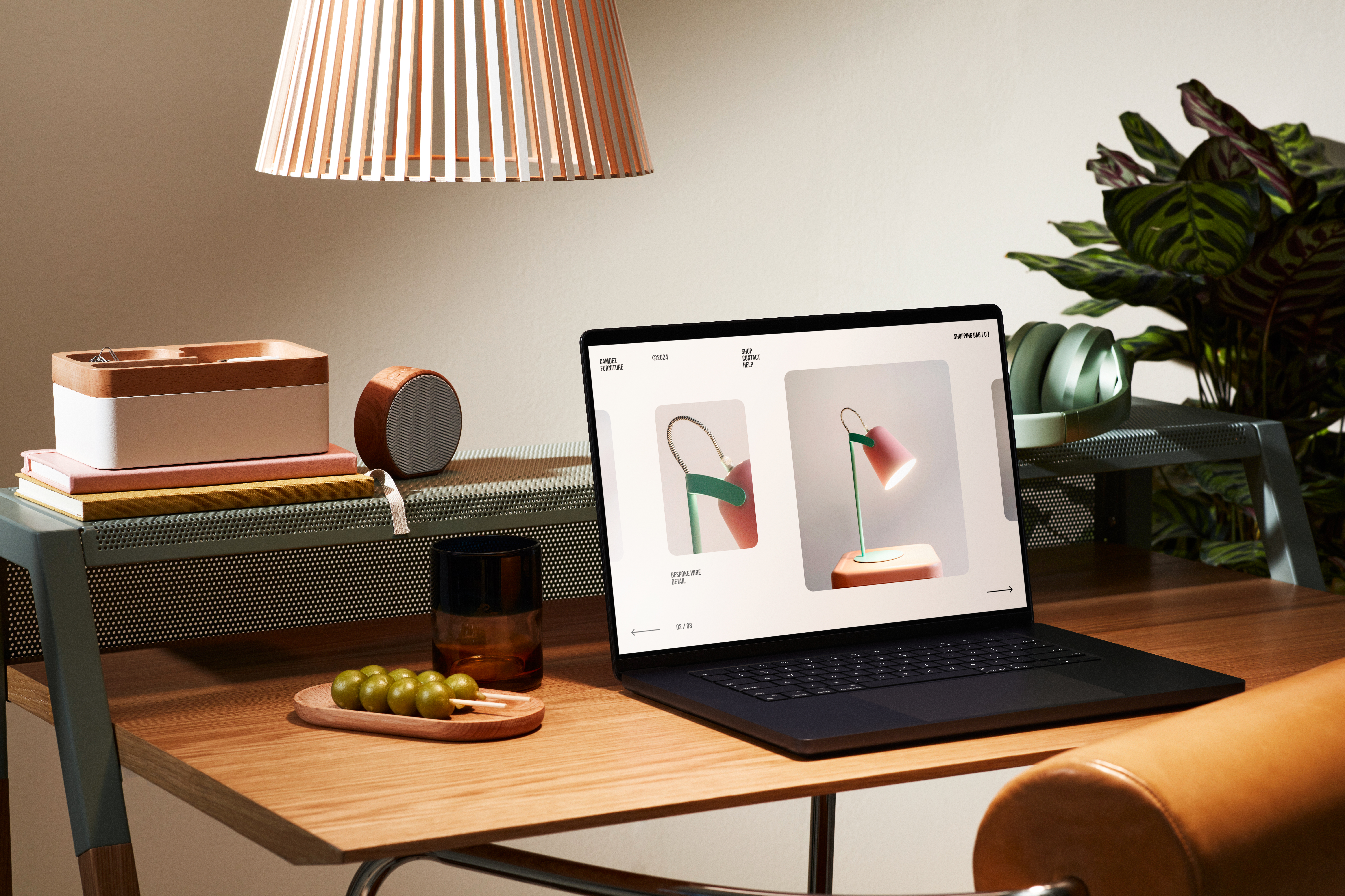Laptop on wooden desk with lamp and plants