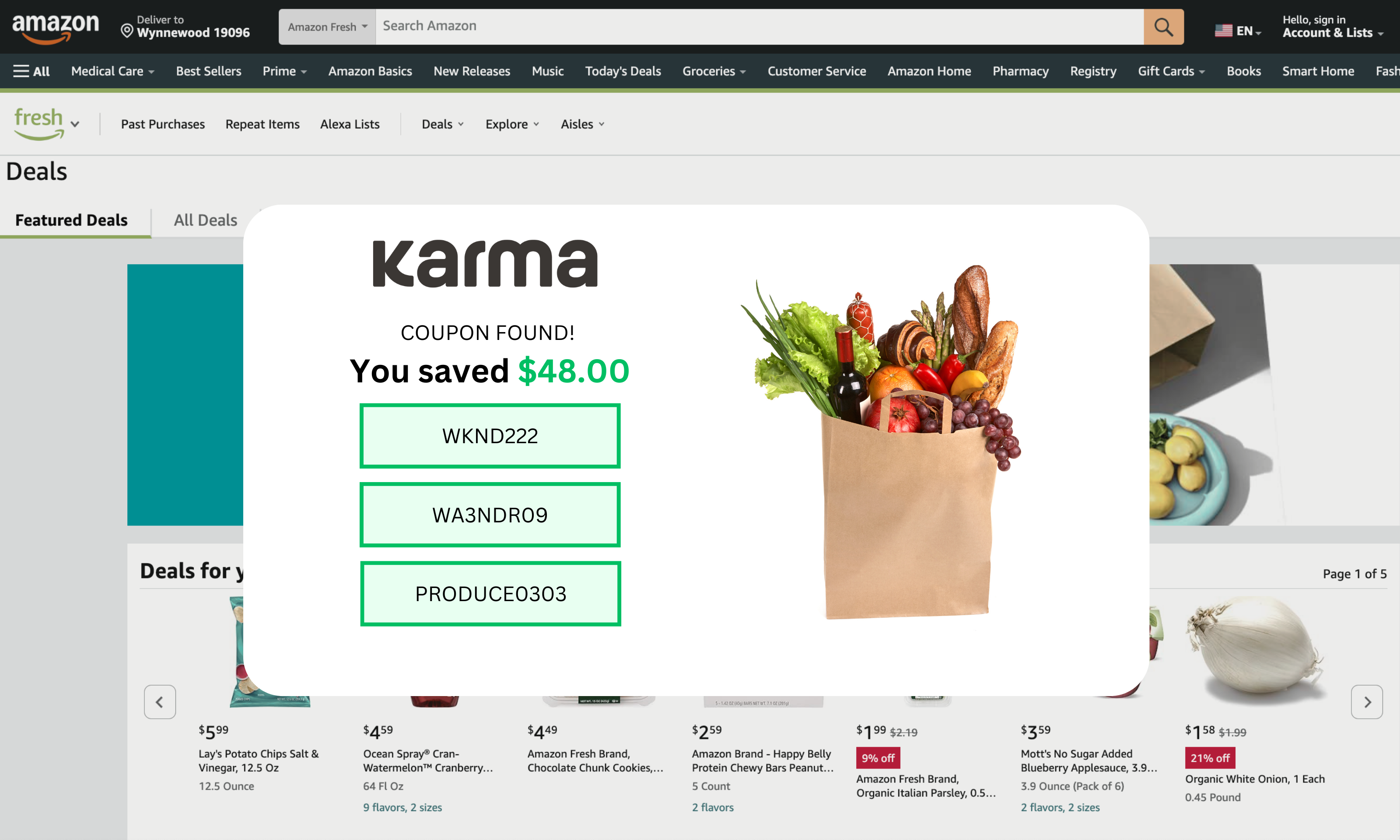 Amazon Fresh coupon popup saving $48 with grocery bag image
