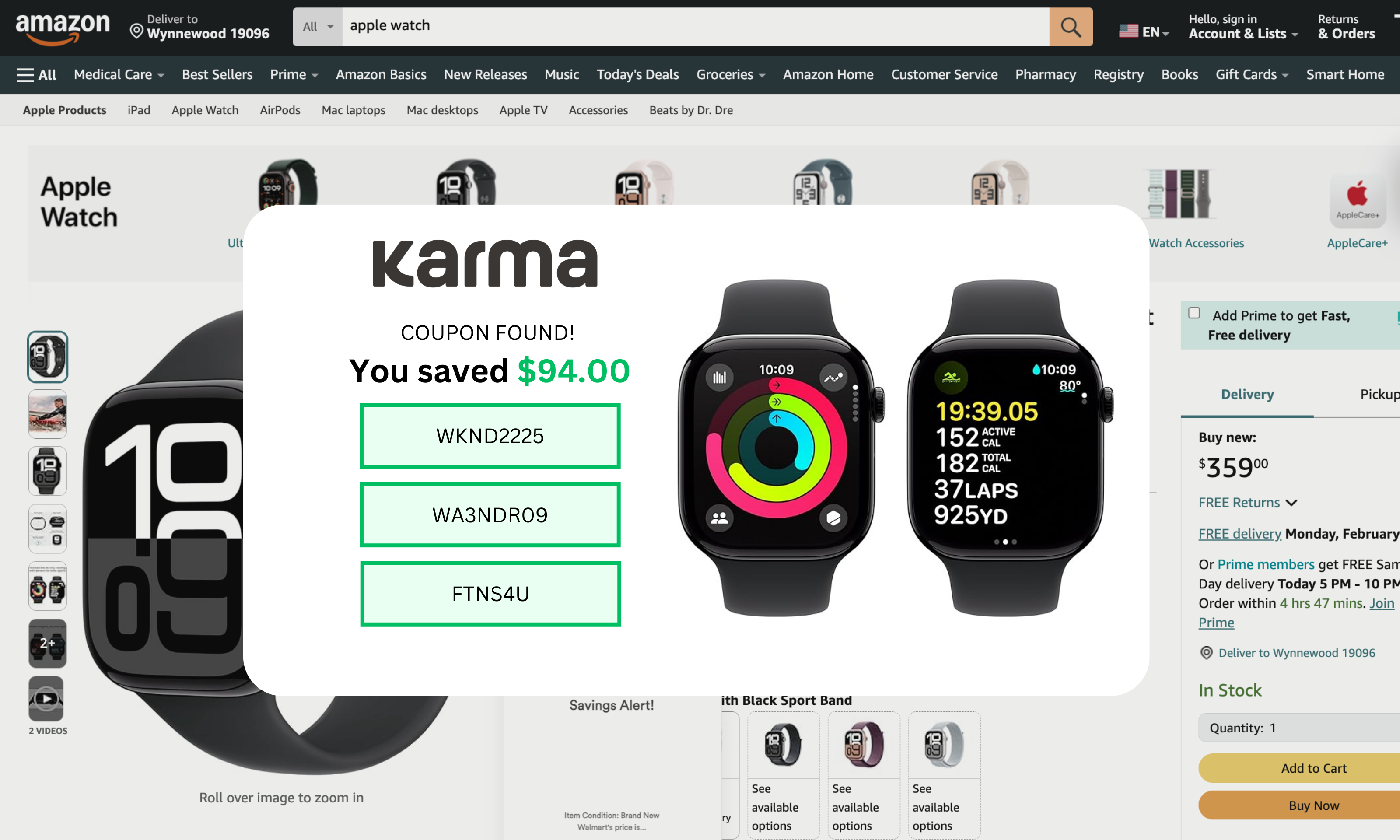 Amazon search page for Apple Watch with discount popup showing saved $94 coupon codes