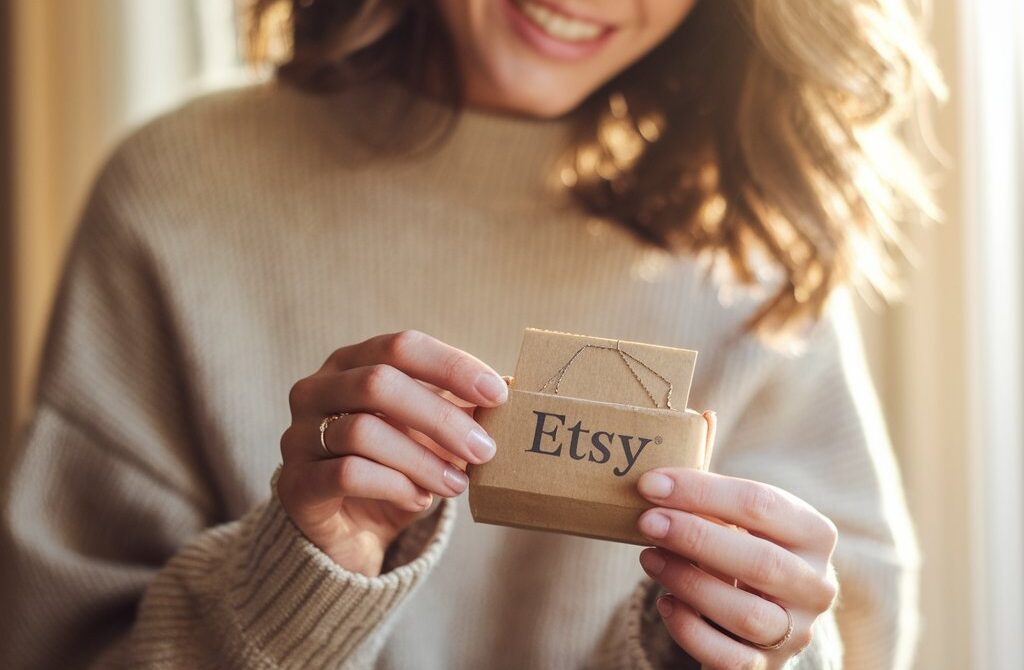 Woman holding a small Etsy package