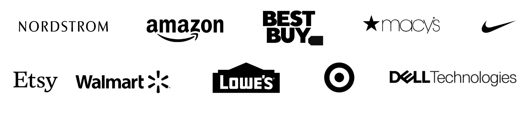 Logos of Nordstrom, Amazon, Best Buy, Macy's, Nike, Etsy, Walmart, Lowe's, Target, Dell Technologies