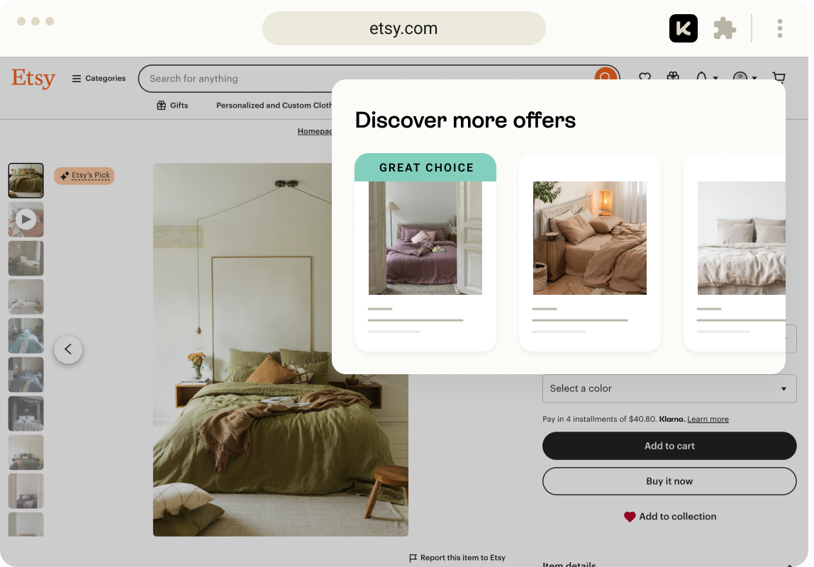 Etsy webpage showing bedroom linen options with earthy tones
